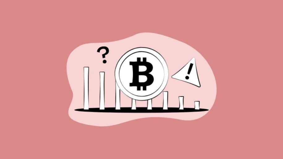 What is FUD in crypto Bitcoin coin graphic set against a declining bar chart with a question mark and warning sign.