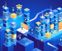 Isometric illustration of a digital tech city with data towers, servers, and charts, featuring people working on laptops and screens, representing technology and data infrastructure.