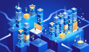 Isometric illustration of a digital tech city with data towers, servers, and charts, featuring people working on laptops and screens, representing technology and data infrastructure.