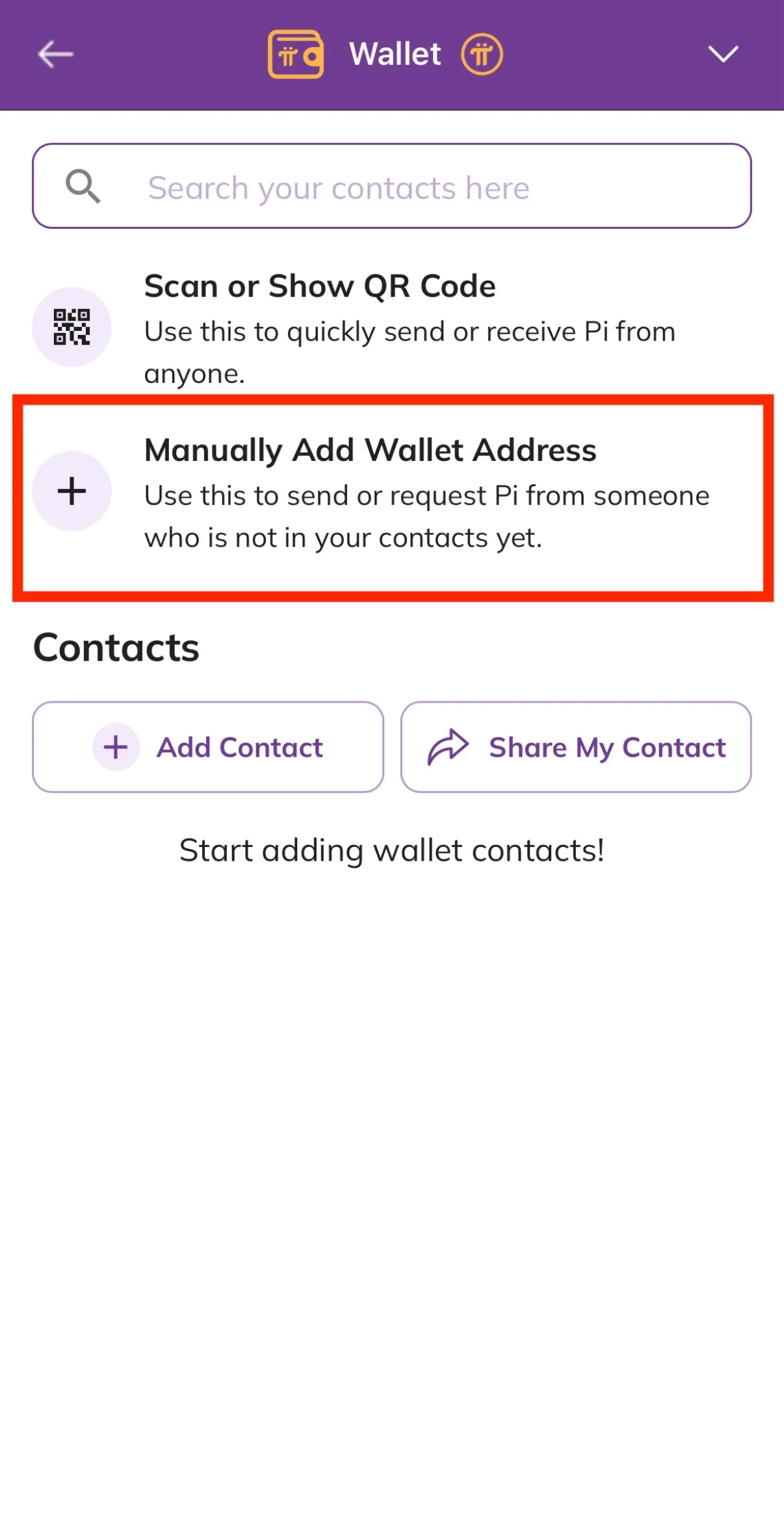 Step 5. Select "Manually Add Wallet Address"