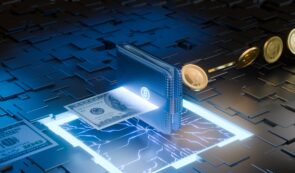 Digital Bitcoin wallet converting US dollars into cryptocurrency