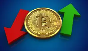 A 3D illustration of a golden Bitcoin token flanked by a red downward arrow on the left and a green upward arrow on the right against a blue background.