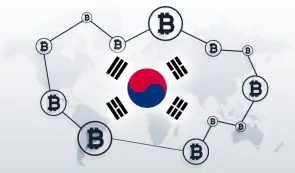 Alt Text: South Korean flag in the center with a ring of connected Bitcoin network symbols overlaid on a faint world map background.