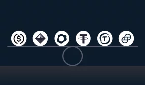 Various stablecoin logos balancing on a seesaw against a dark background.