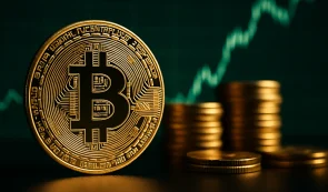 Bitcoin (BTC) Token, Green Trend in the Background, Staked Coins