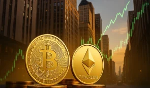 Bitcoin (BTC) and Ethereum (ETH) tokens with a cityscape background