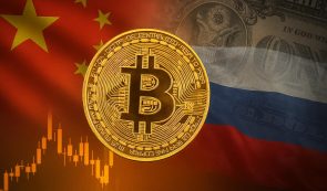 China and Russi flag with bitcoin logo and dollar