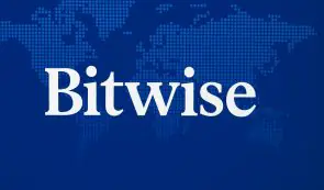 The Bitwise asset management logo featuring white serif lettering against a blue dotted world map background.