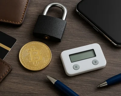 table with bitcoin locker ledger pen card wallet