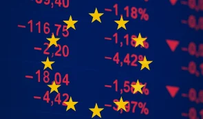 Europe Stock Crash - EU Flag Background Negative Numbers