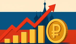Russian eeconomy - stacked coins, red arrow signaling upward trend, ruble coin