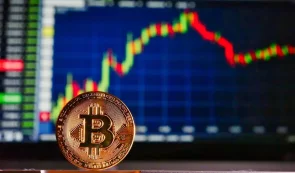 Bitcoin token in front of desktop with carts