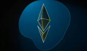Ethereum (ETH) logo diamond symbol rendered against a dark blue background with abstract shapes.