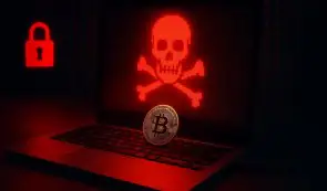 Alt: Laptop displaying a red skull and crossbones ransom warning with a Bitcoin coin on the keyboard.