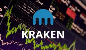 Kraken cryptocurrency exchange logo overlaying a financial market chart holding a critical support level