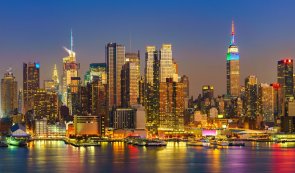 New york, sunset photo with buildings having their light switched on, good landscape and wallpaper