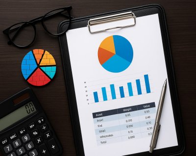 Alt: Financial portfolio performance report on a clipboard alongside a calculator, pen, and reading glasses on a dark wooden desk.