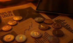 Various physical cryptocurrency coins resting on top of financial charts and documents.