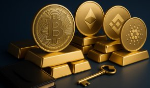 Bitcoin, Ethereum. Binance Coin, Cardano on Gold Bars