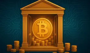 An illustration of a golden bank vault structure housing a glowing Bitcoin symbol surrounded by piles of coins against a dark blue circuit board background.