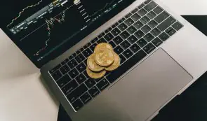 Bitcoins on a laptop