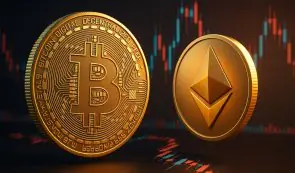 Bitcoin and Etehreum, side by side with charts in the back