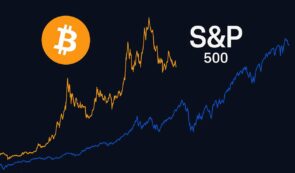 Comparative chart tracking Bitcoin's price trajectory against the S&P 500 index on a dark background.
