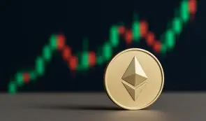 A physical Ethereum token with a blurred candlestick price chart in the background.