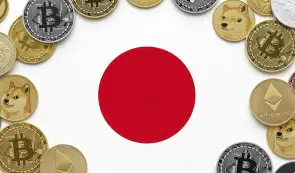Japan Flag and crypto coins together