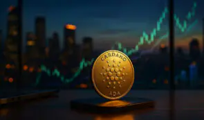 Physical Cardano ADA token resting in front of a city skyline and financial chart.