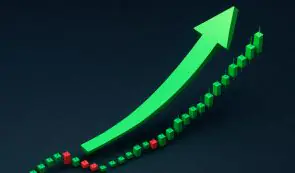 A 3D render showing a rising green arrow curving over green and red candlestick bars against a dark background, titled green-arrow-bullish-pattern-market-charting.