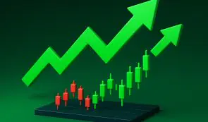 A 3D render of a bullish financial chart with green upward-pointing arrows and green and red candlestick bars against a dark background.