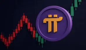 AI Price Prediction for Pi Coin: Pi Coin and a 3D market chart in the background