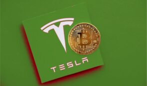 Tesla logo and Bitcoin - green theme
