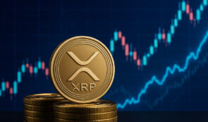 Stacked XRP coins infront of a market chart