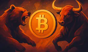A roaring bear and a charging bull facing each other with a golden Bitcoin coin in the center.