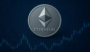 Silver Ethereum coin logo set against a dark background with a blue financial chart trend line.