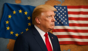 EU and USA flags, and Donald Trump