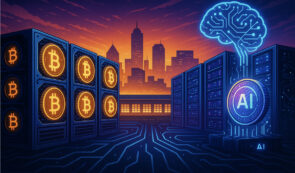 Artwork showing Bitcoin miners alongside AI compute