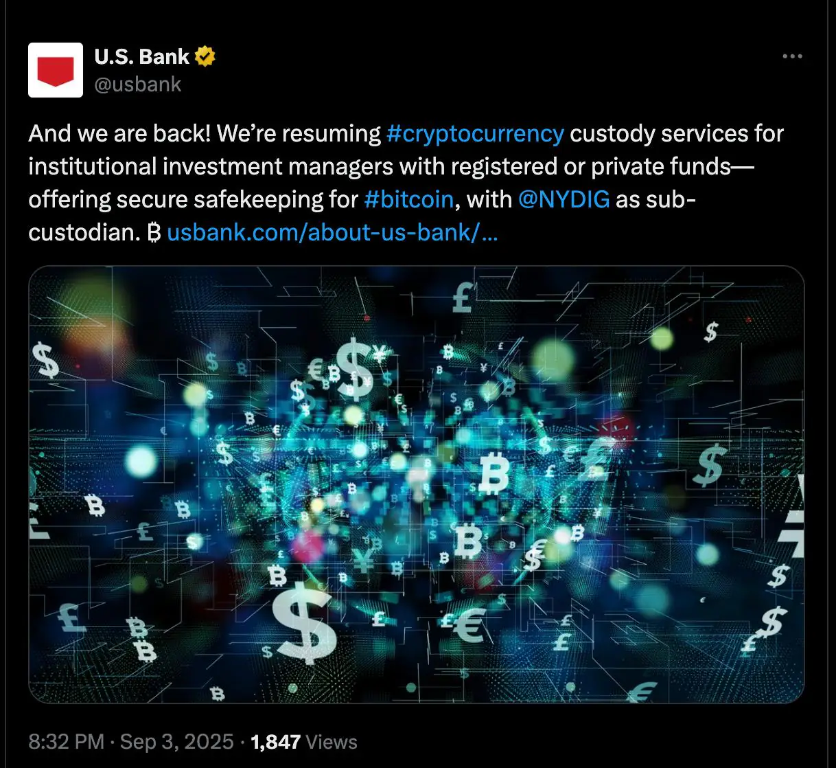 US Bank announces crypto custody services.