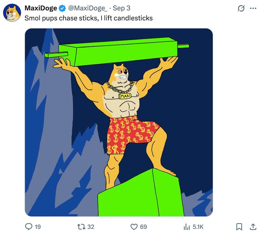 Maxi Doge’s pumped up attitude is focused on 1000x gains.