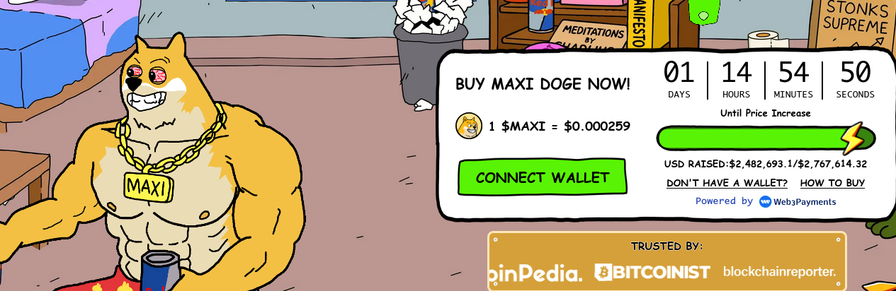 Maxi Doge presale information showing the raise and price.