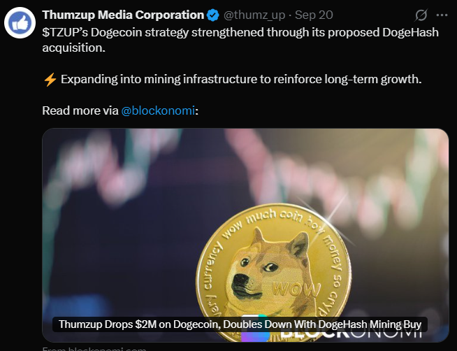Post on X by Thumzup about the DogeHash acquisition proposal.