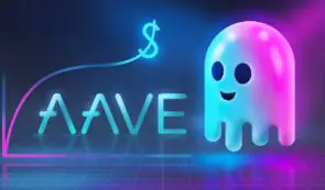 A glowing neon blue and pink graphic displaying the AAVE text wordmark, a rising price curve ending in a dollar sign, and a friendly ghost mascot.