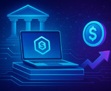 Fintech, Laptop, bank building, Dollar coin, arrow
