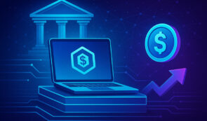 Fintech, Laptop, bank building, Dollar coin, arrow