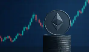 An Ethereum token stacked on top of coins against a dark background with a financial candlestick price chart.