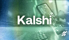 Kalshi" brand logo overlaid on a background graphic of a person using a mobile trading app.