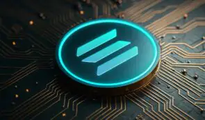A glowing cyan Solana cryptocurrency token resting on a dark circuit board background with intricate traces and light accents.