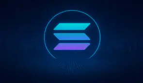 Glowing Solana cryptocurrency logo illuminated in blue and purple tones against a dark background.